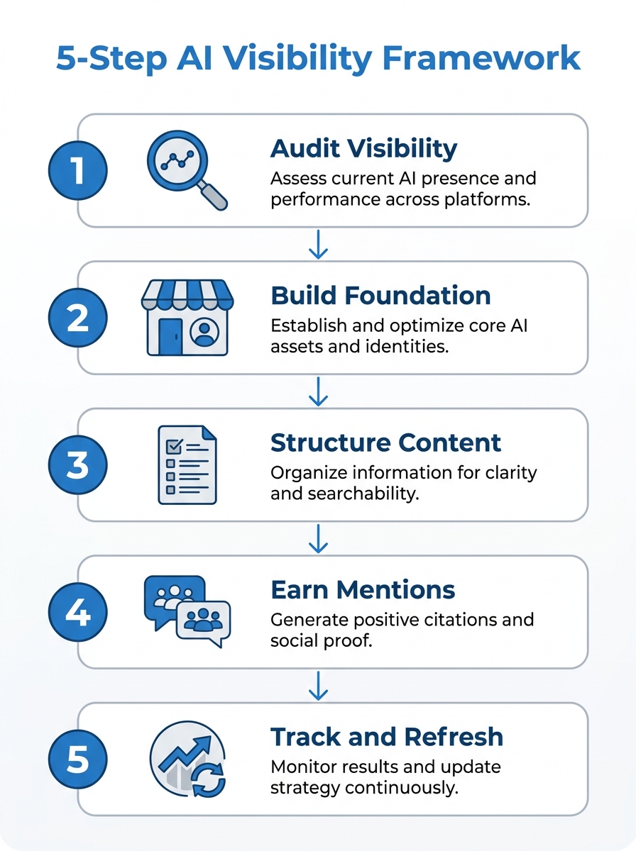 Infographic showing the 5-Step AI Visibility Framework: audit visibility, build foundation, structure content, earn mentions, track and refresh