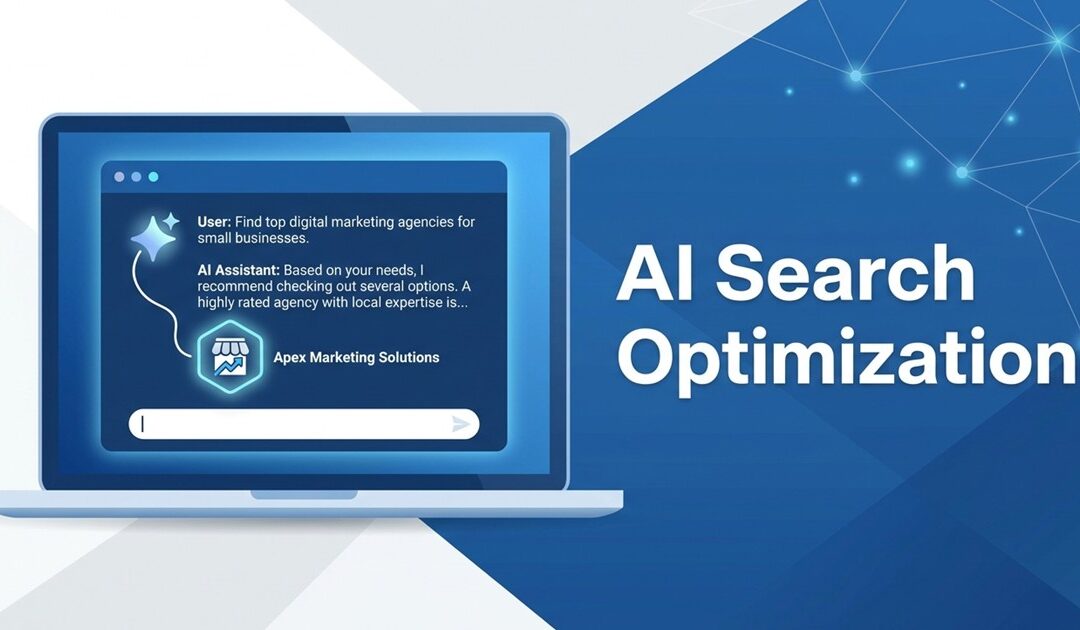 Laptop screen showing an AI chat assistant recommending a business inside its answer, illustrating AI search optimization